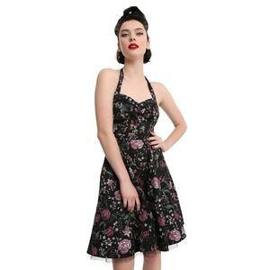 Hot Topic‎ Floral Halter Dress Fit and Flare Black Pink Rockabilly Party SM
